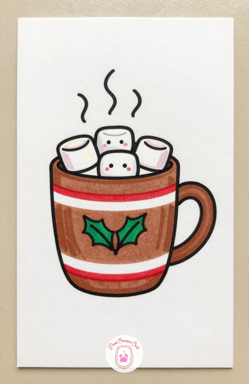 Cocoa Mug With Marshmallow Eyes — Draw a simple trapezoid mug with a big curved handle, then stack three overlapping marshmallow humps on top. Cute christmas