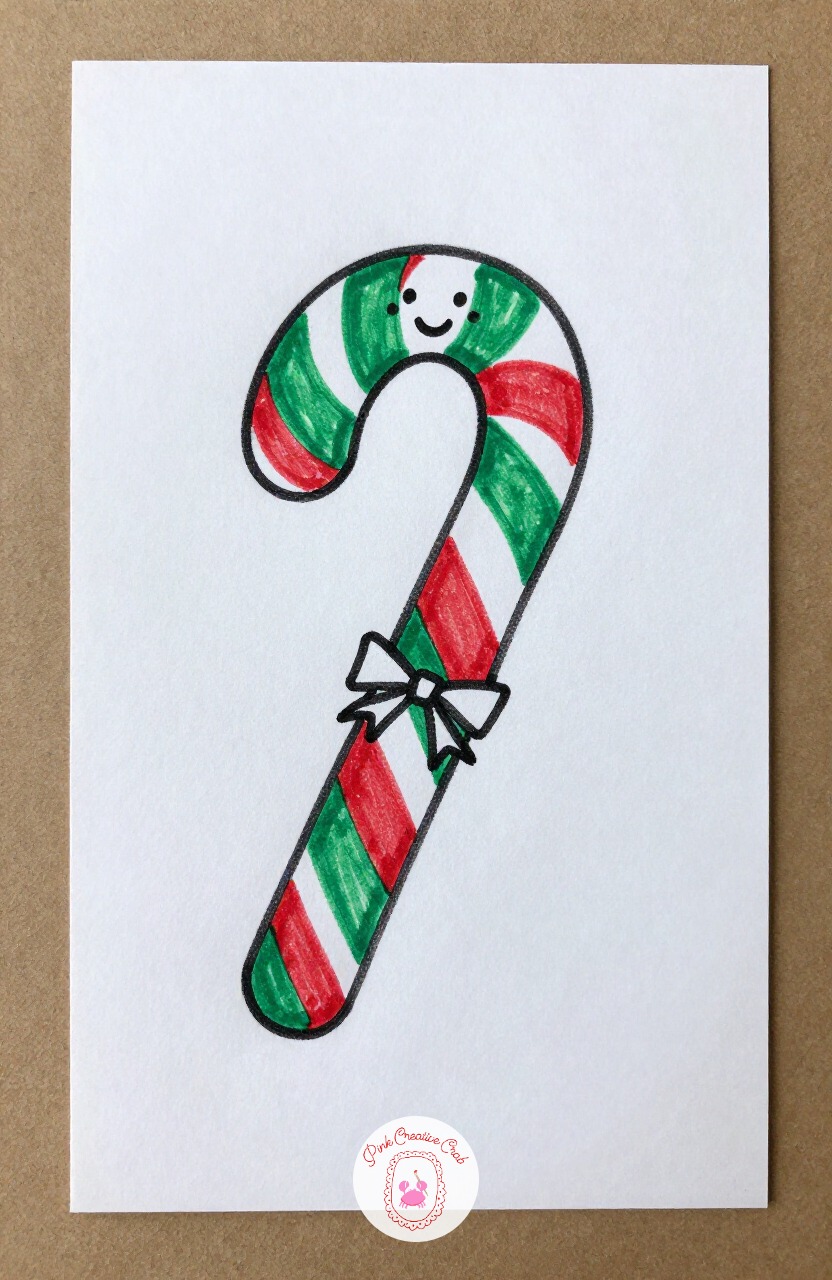 Candy Cane With a Face — Draw a simple hook shape with a wide rounded curve at the top, nothing fancy below it. Cute christmas doodles