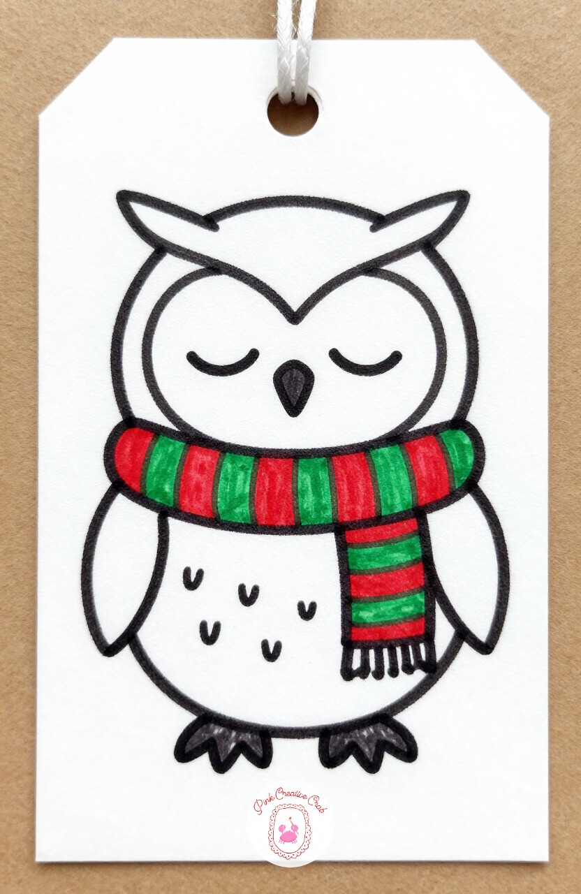Sleepy Owl in a Scarf — Draw a round body, two mostly closed oval eyes, and a small triangle beak. Cute christmas doodles