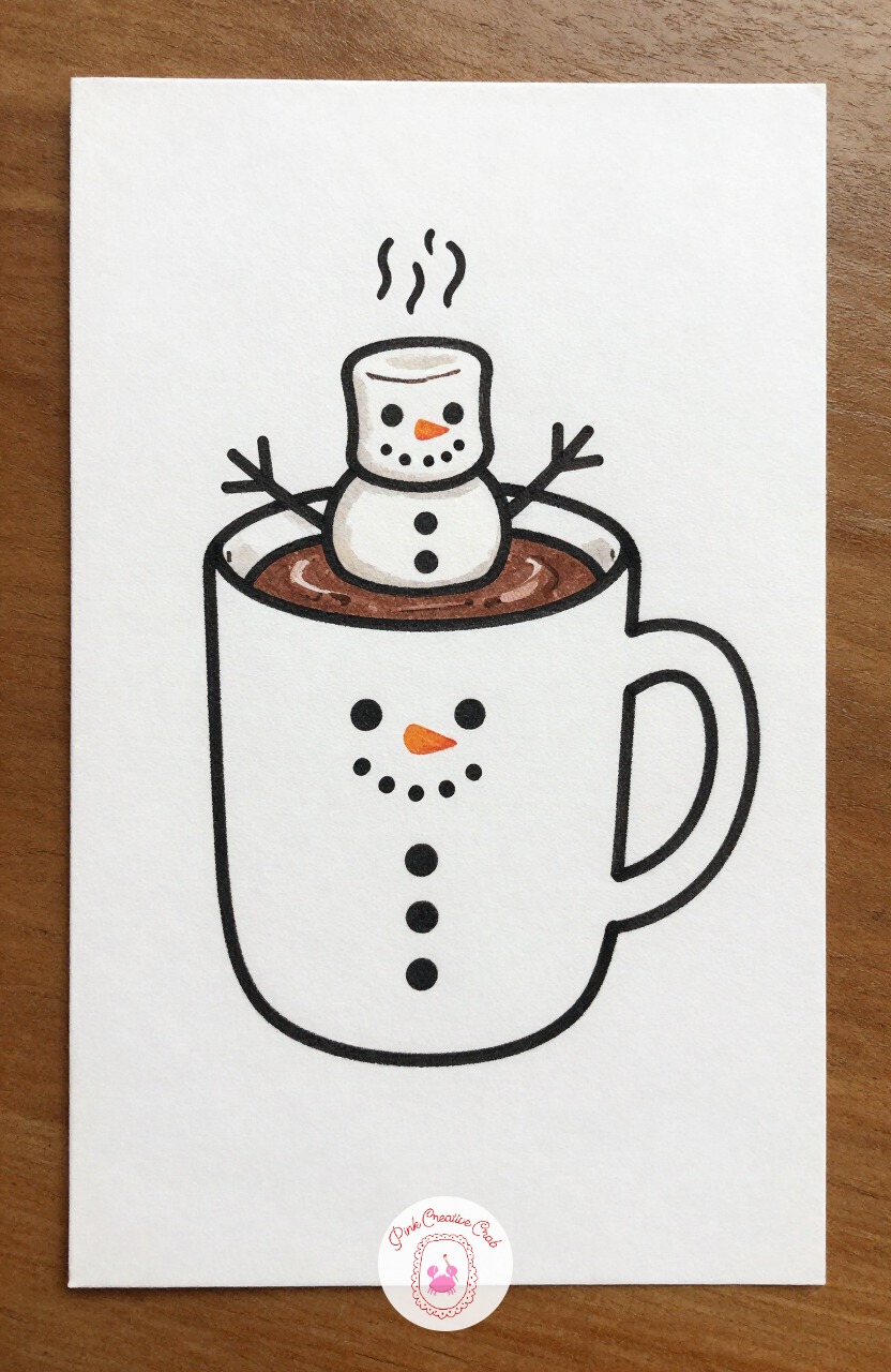 Hot Chocolate Marshmallow Snowman — Draw a simple mug shape, then balance two small circles stacked on the rim to form a tiny marshmallow snowman. Cute