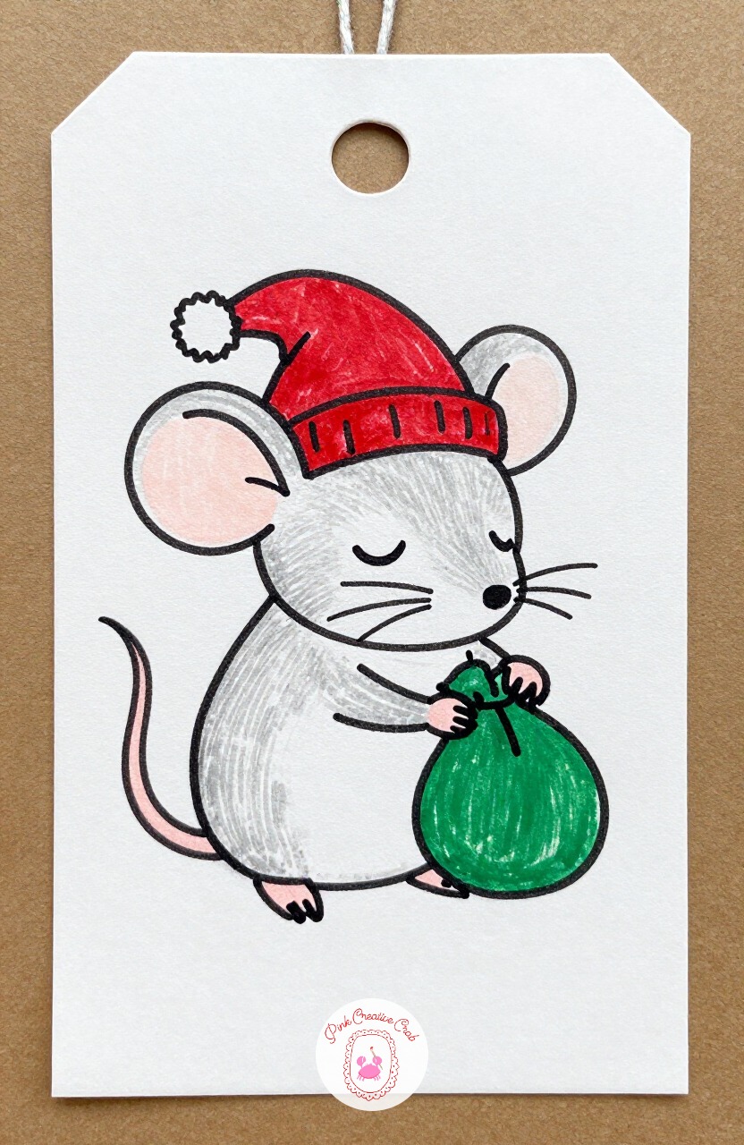Sleepy Christmas Mouse — Draw a round body, a long curling tail to one side, and two round ears on top of a small head. Cute christmas doodles