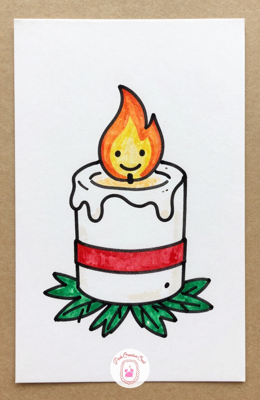 Christmas Candle With a Flame Face — Draw a simple cylinder for the candle body with a short wick, then a wide teardrop flame above it rather than a thin