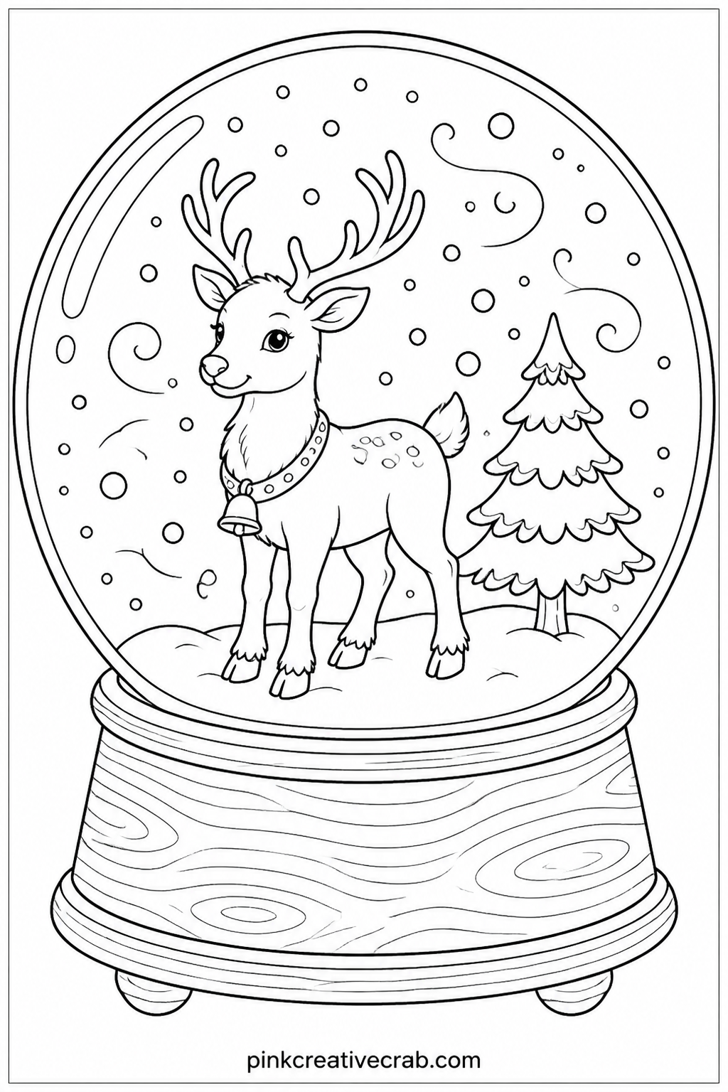 Snow Globe With Reindeer printable page — A round snow globe sits on a wooden base with a reindeer and a small tree inside it. Christmas coloring pages free