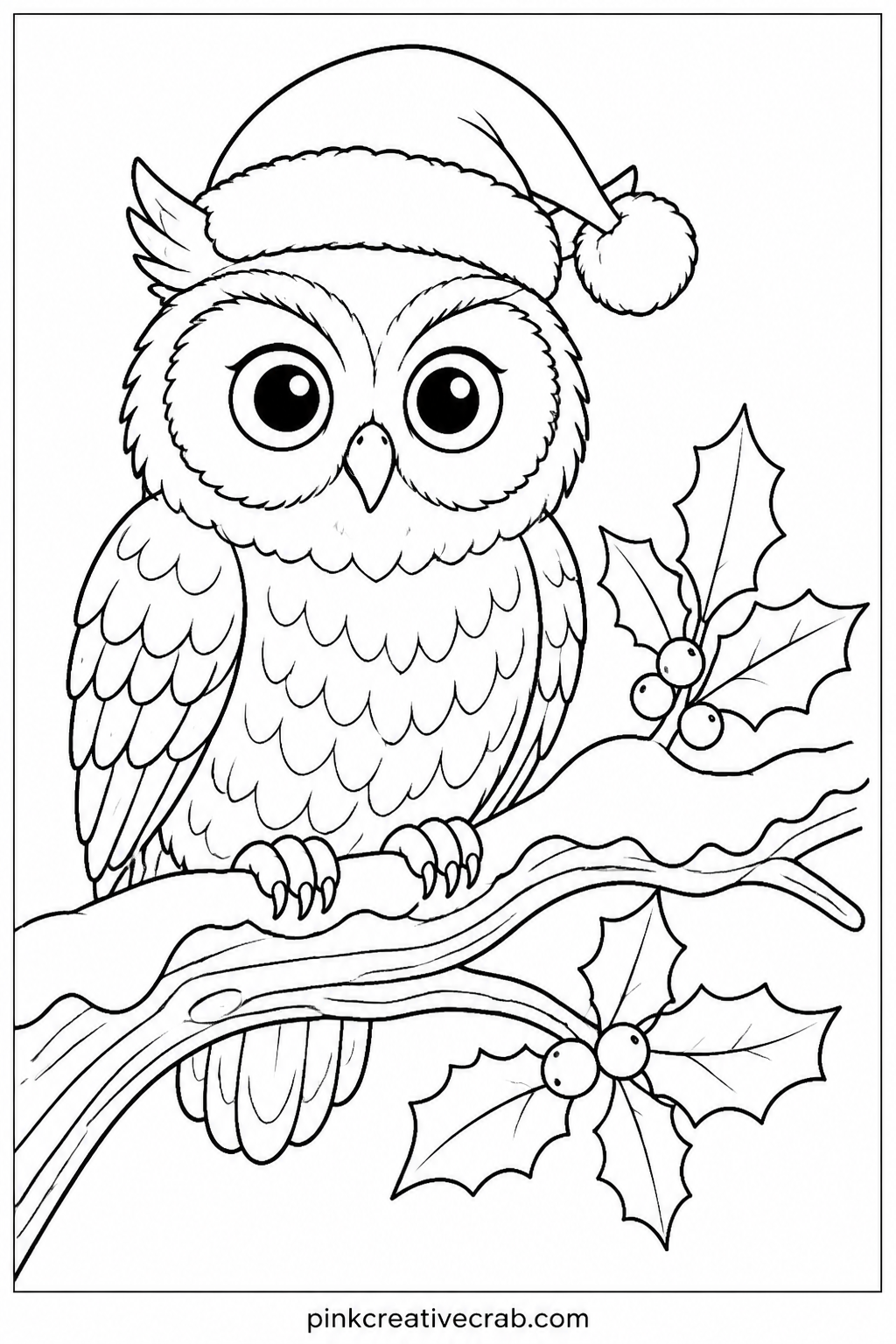 Owl In A Santa Hat printable page — An owl perches on a snowy branch wearing a small Santa hat, holly leaves tucked beside it. Christmas coloring pages free