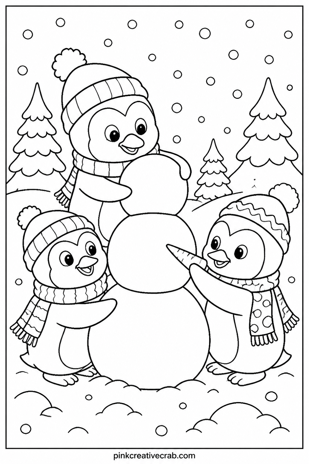 Penguins Building A Snowman printable page — Three penguins stack snowballs into a snowman, one holding a carrot for the nose. Christmas coloring pages free