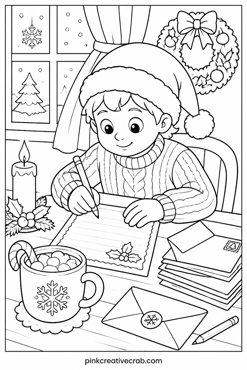 Letter To Santa printable page — A child sits at a small desk writing a letter to Santa, a candle and a cup of cocoa nearby. Christmas coloring pages free