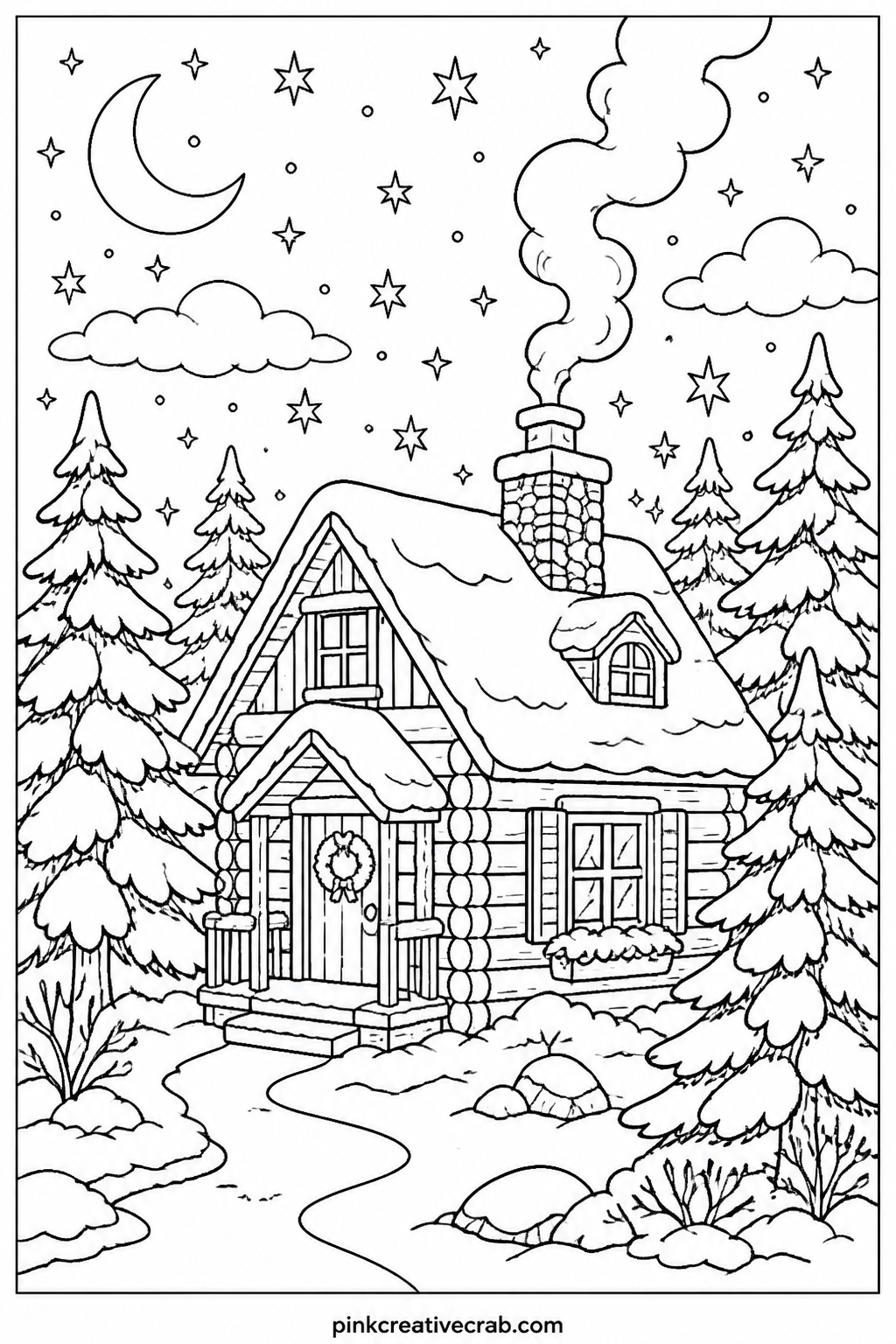 Cozy Cabin In The Snow printable page — A small cabin with smoke rising from the chimney sits among snow covered pines. Christmas coloring pages free printable