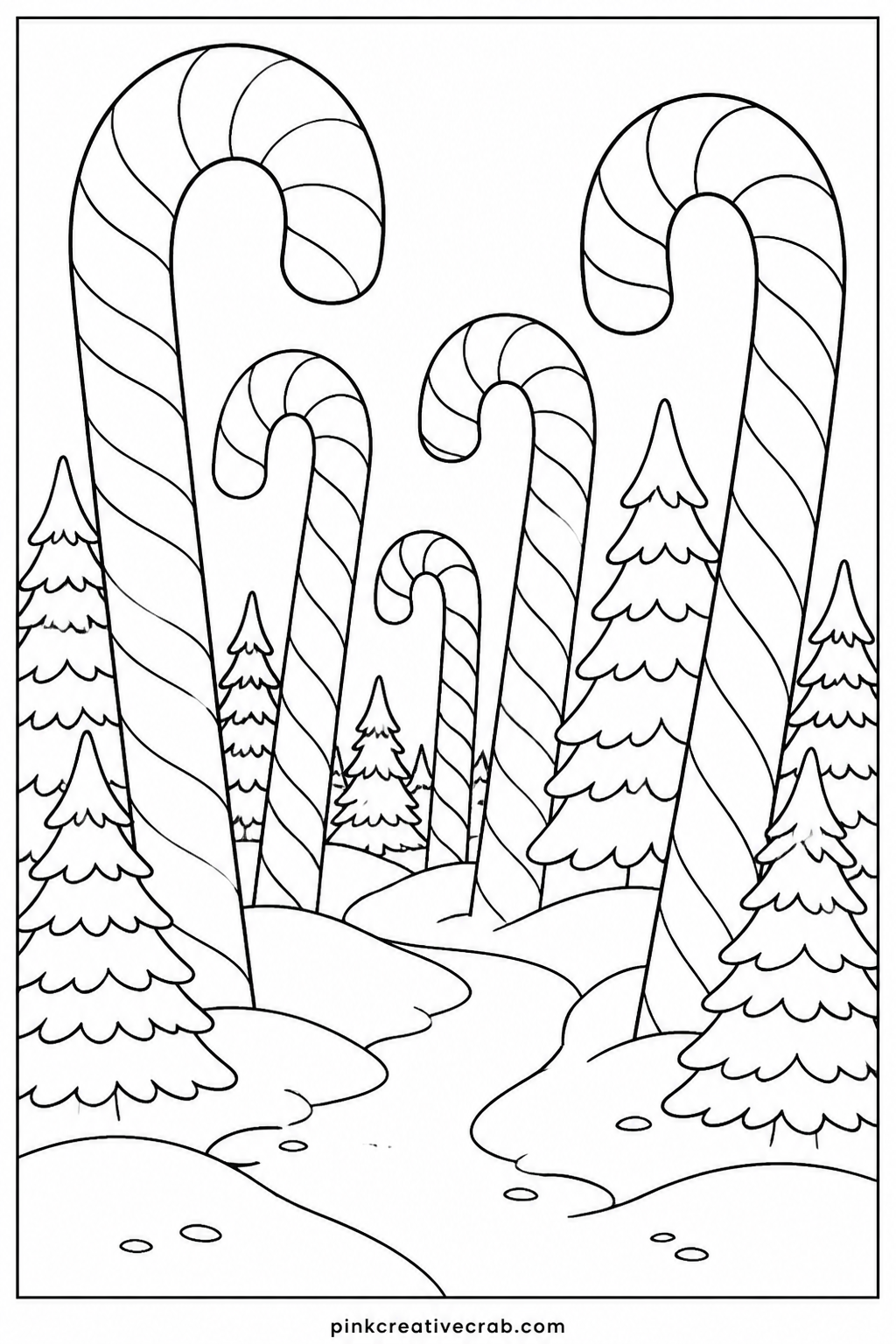 Candy Cane Forest printable page — Giant candy canes stand in for trees across a snowy clearing, with a few real pines mixed in. Christmas coloring pages free