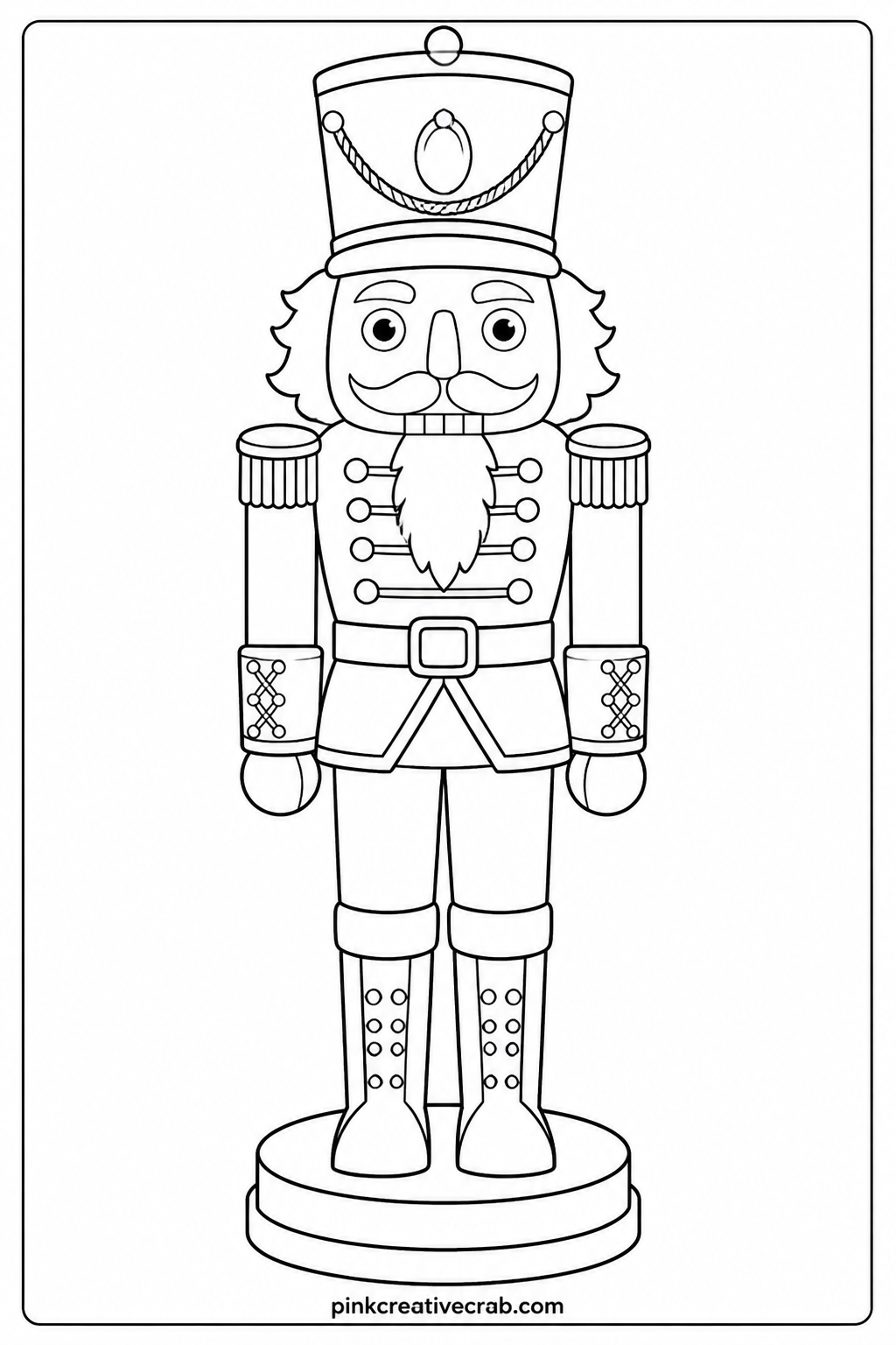 Nutcracker Soldier printable page — A tall nutcracker figure stands at attention with a tall hat and a row of buttons down his coat. Christmas coloring pages