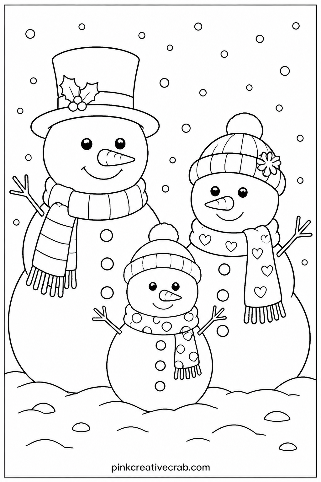 Snowman Family printable page — Three snowmen of different sizes stand in a row, each wearing a scarf and hat. Christmas coloring pages free printable
