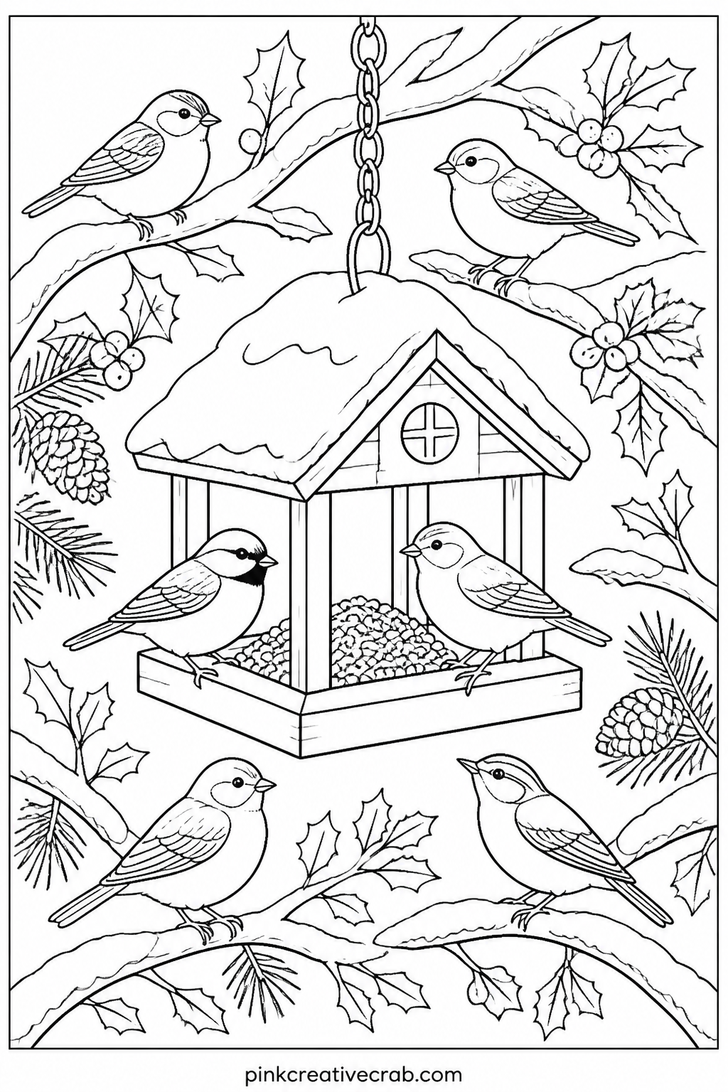 Birds At A Winter Feeder printable page — A cluster of small birds gathers at a hanging feeder, snow resting on the roof above them. Christmas coloring pages