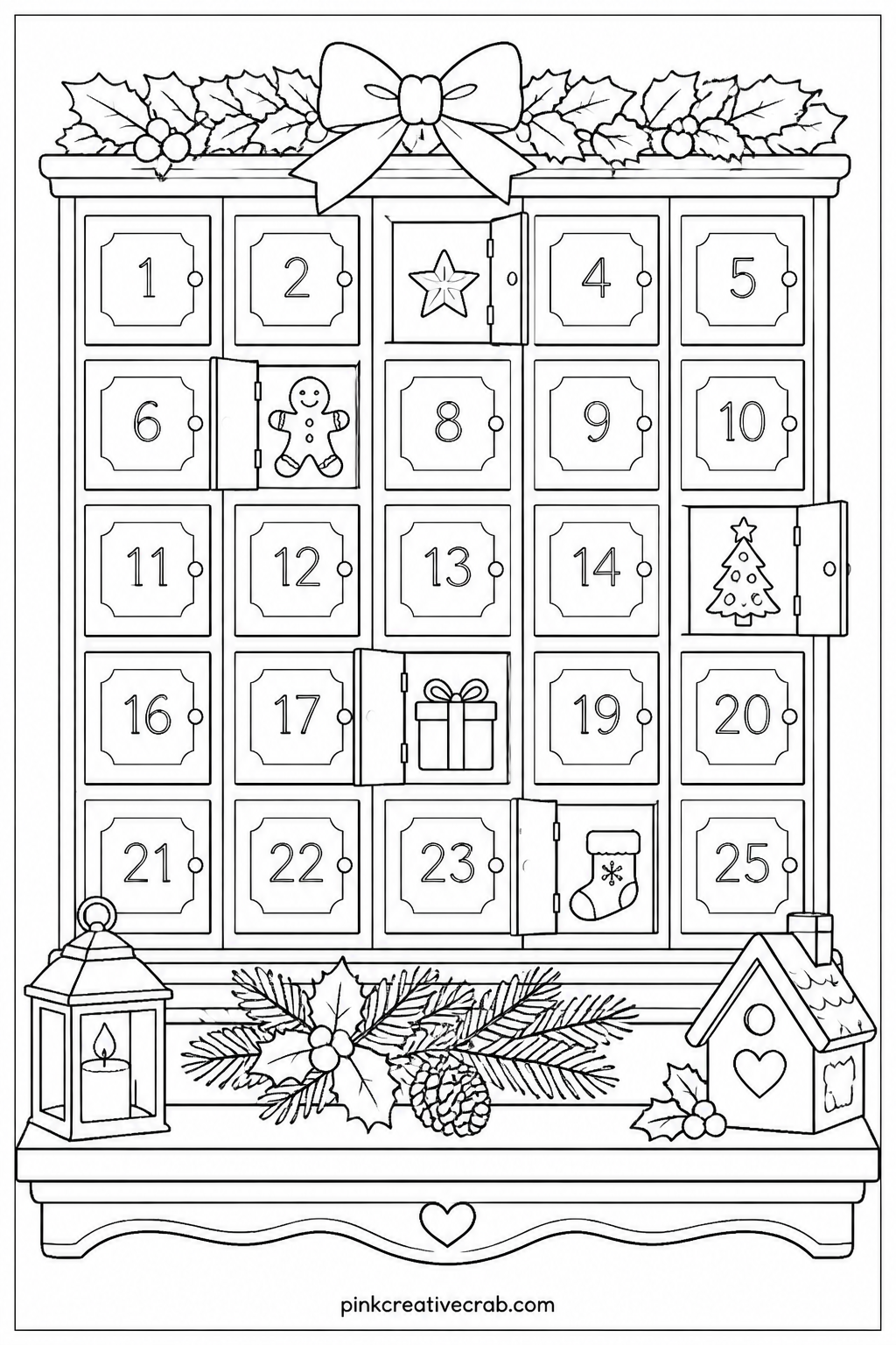 Advent Calendar Wall printable page — A wall of small numbered doors makes up an advent calendar, some doors open to show tiny pictures inside. Christmas