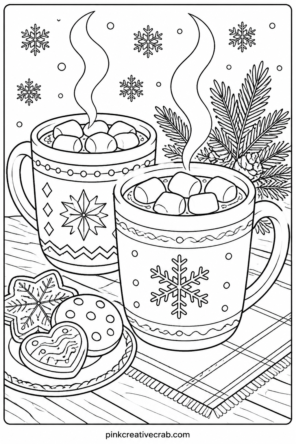 Hot Cocoa And Marshmallows printable page — Two mugs of cocoa topped with marshmallows sit on a table next to a small plate of cookies. Christmas coloring