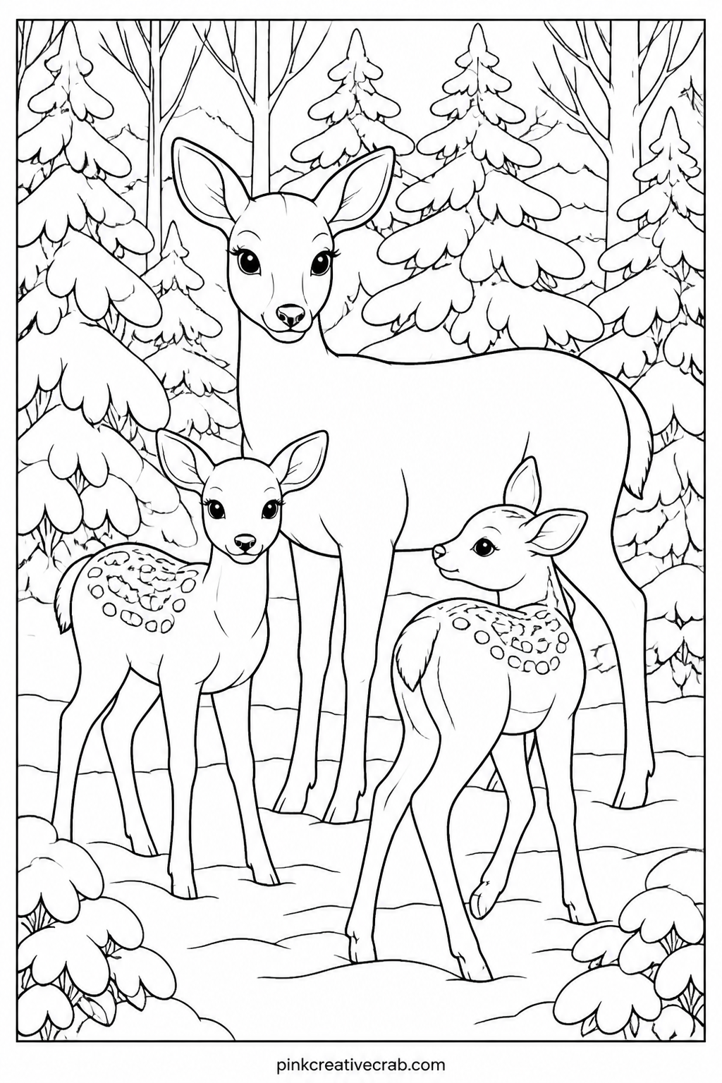 Deer Family In Snowy Woods printable page — A doe and two fawns stand among snow covered trees, one fawn looking back over its shoulder. Christmas coloring