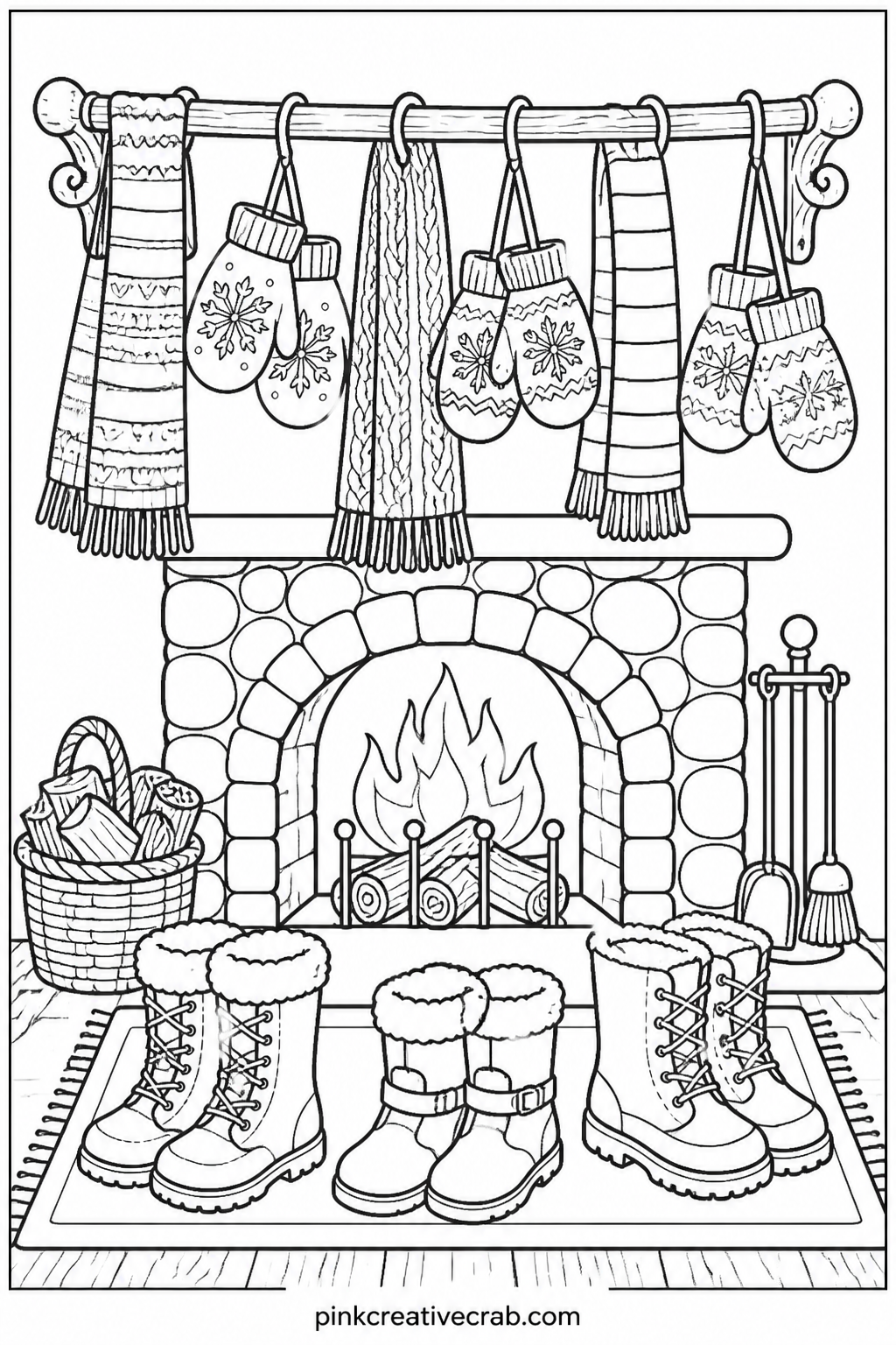 Mittens And Scarves By The Fire printable page — A row of mittens and scarves hangs drying near a small fireplace, snow boots lined up below them. Christmas