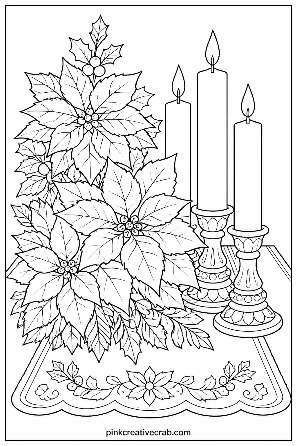 Poinsettia And Candles printable page — A cluster of poinsettia flowers sits beside a row of tall candles on a table runner. Christmas coloring pages free