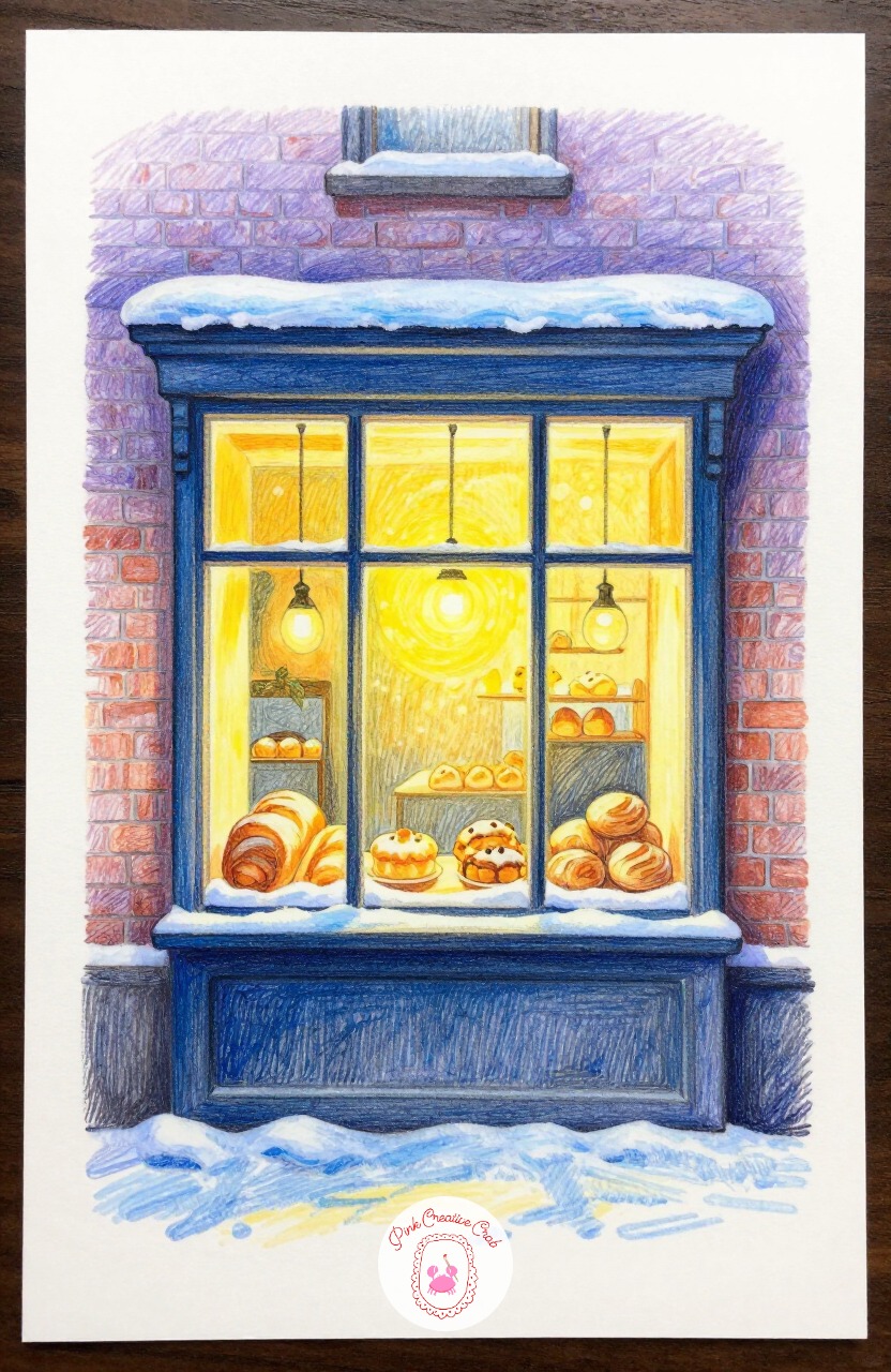 Bakery Window At Dusk — A bakery window packed with loaves, pies, and a string of lights gives plenty of warm detail without needing a whole street. Christmas