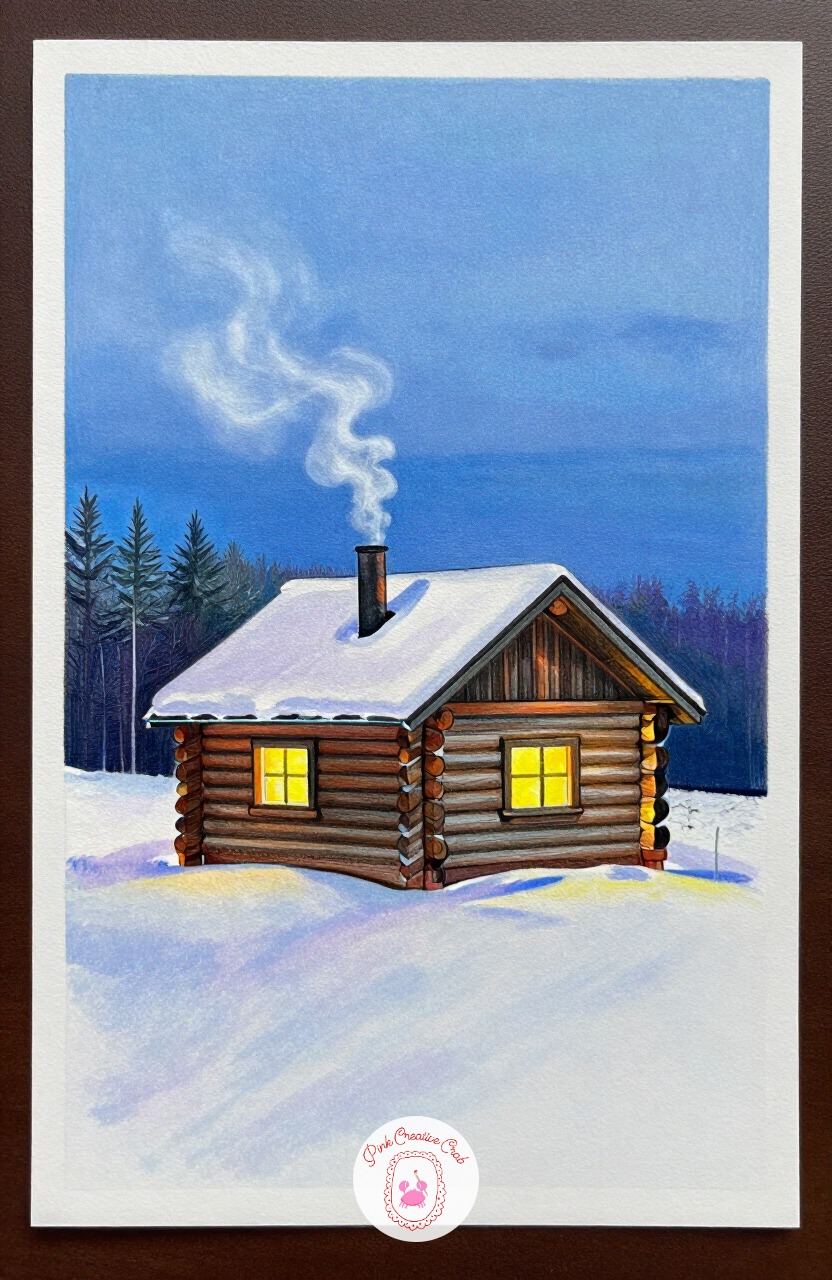 Cabin With Chimney Smoke — A log cabin with one lit window and a thin curl of smoke is one of the most forgiving scenes to draw, since the shapes are all