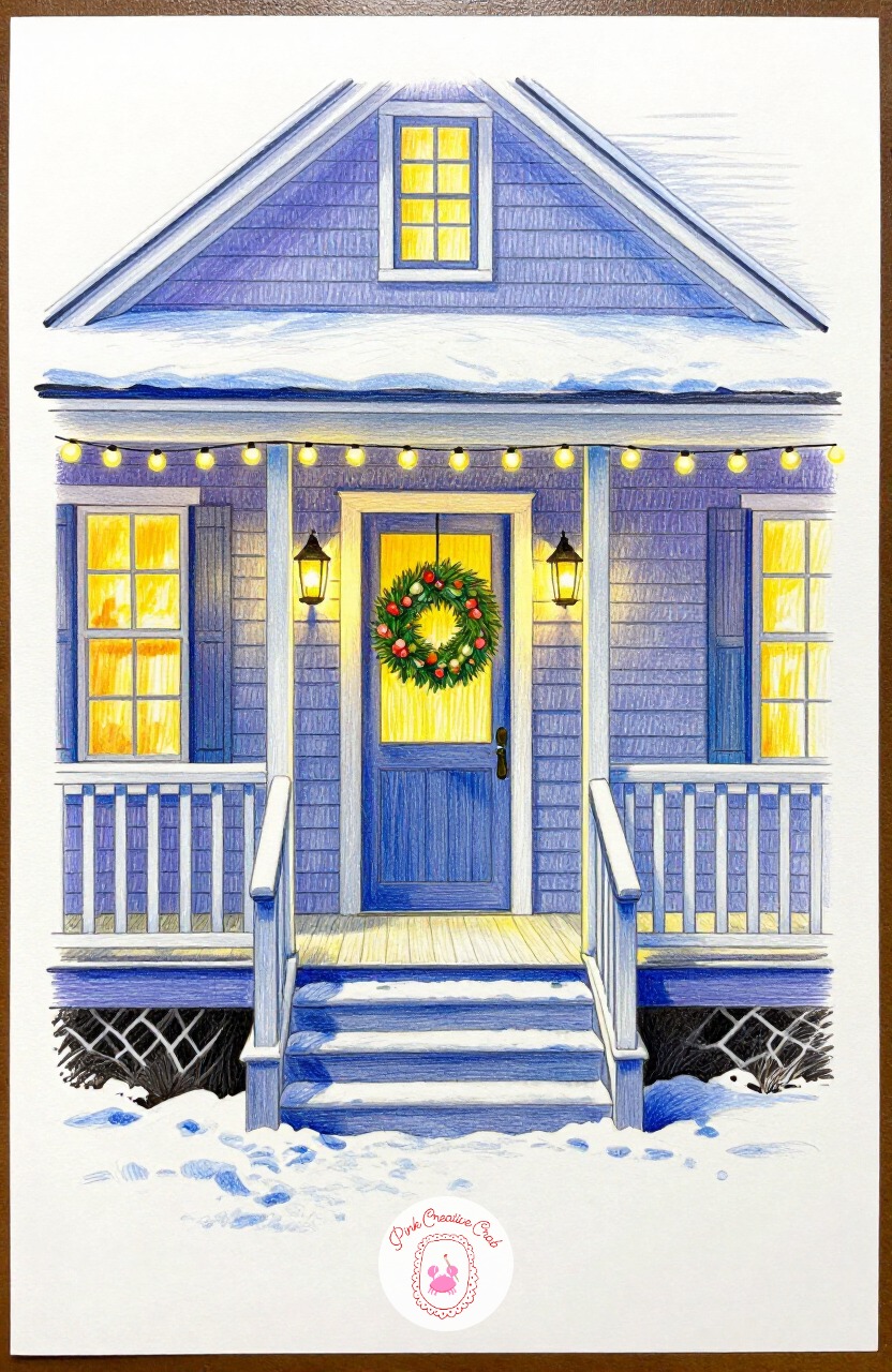 Farmhouse Porch With Wreath — A wide porch with a round wreath on the door and a string of lights along the railing gives a wider scene without much extra