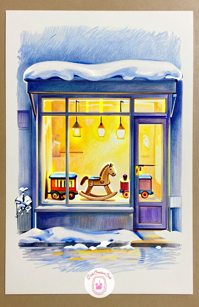 Toy Shop Window Display — A window full of wooden toys, a rocking horse, and a train set gives a busy focal point that still fits in one sitting if the shapes
