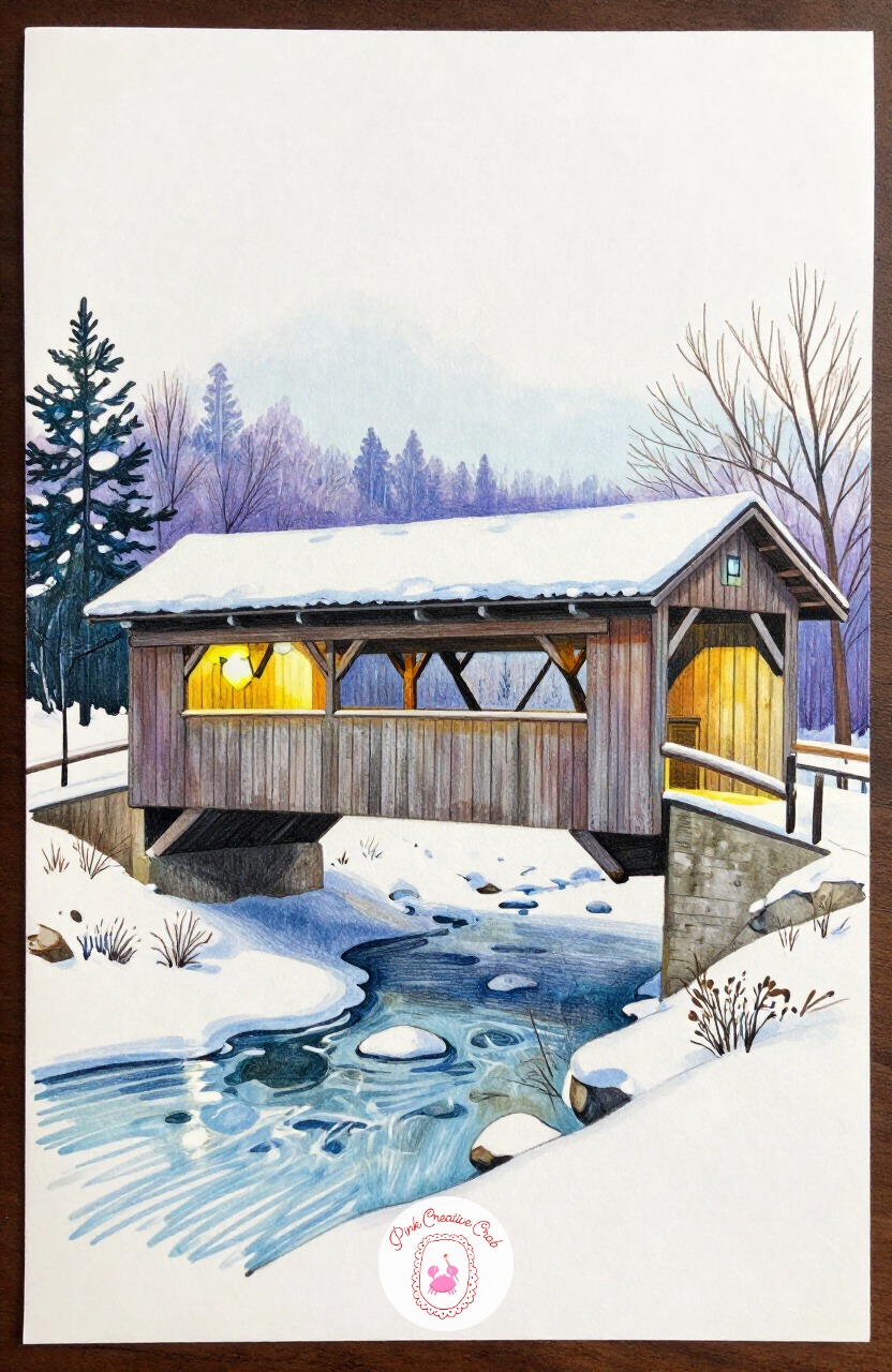 Covered Bridge In Snow — A short wooden covered bridge with snow piled along its roofline makes a simple structural scene with one warm lantern inside the