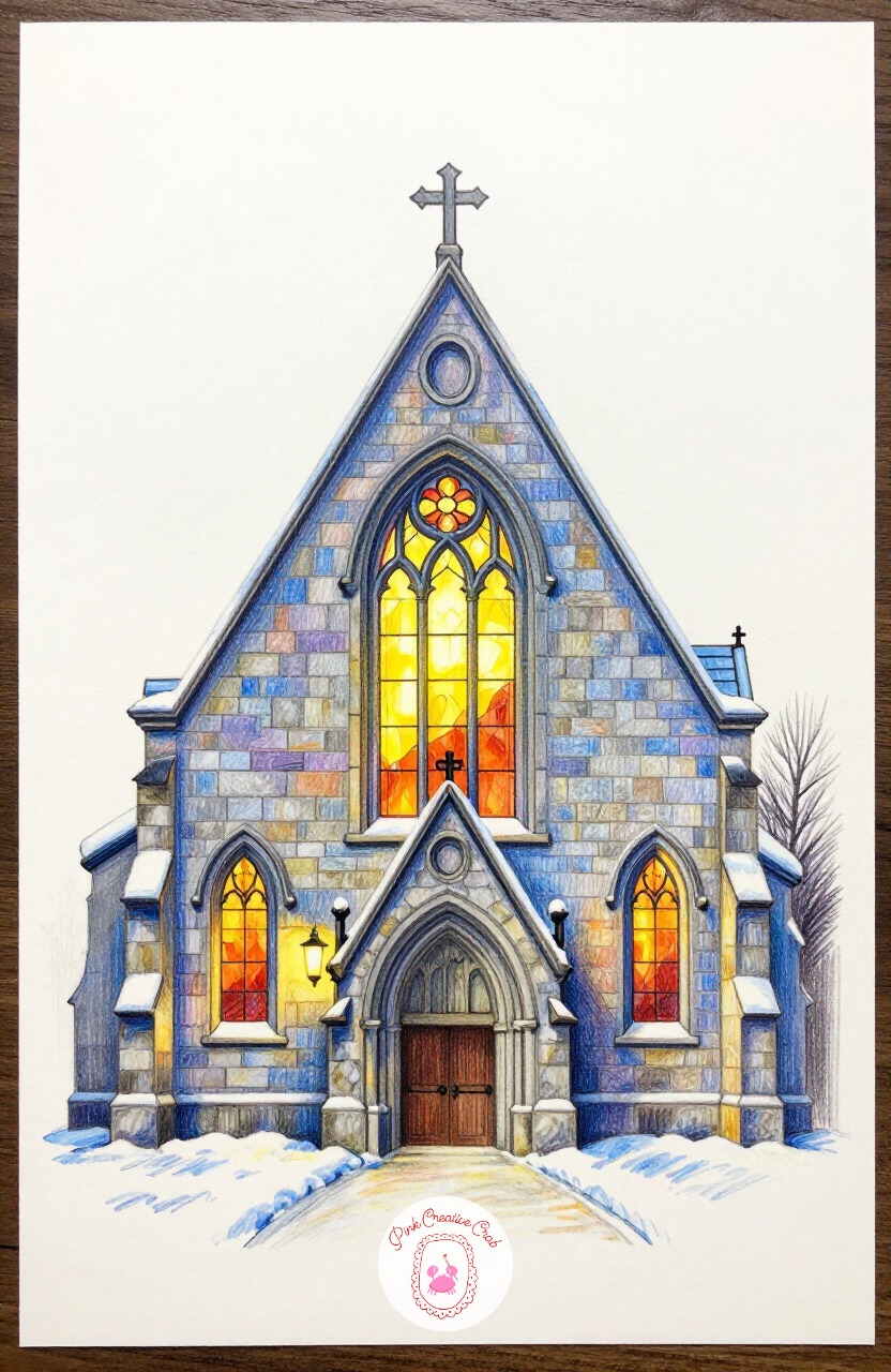 Church With Stained Glass Glow — A small stone church with one tall stained glass window gives a chance to practice warm color inside a cool structure.