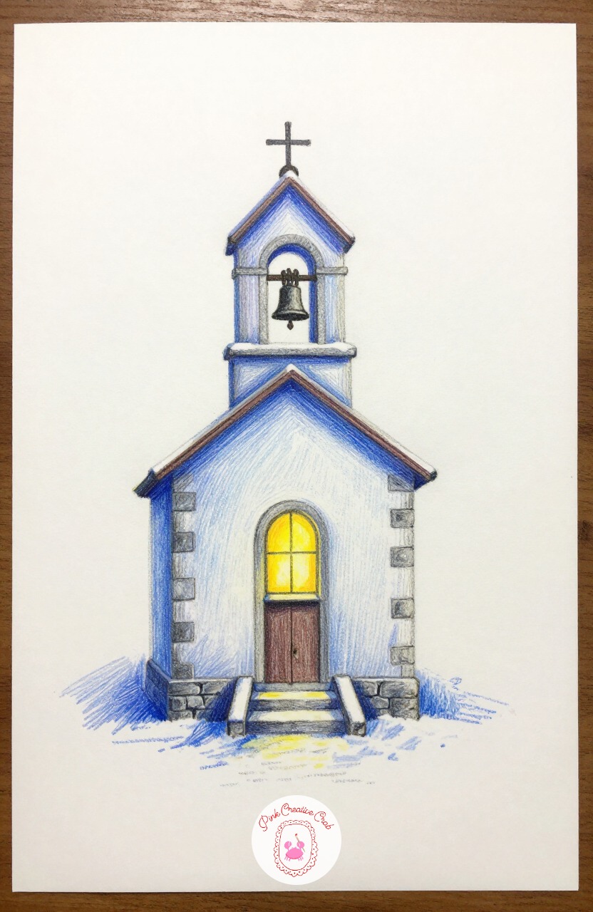 Small Chapel With Bell Tower — A narrow chapel with a single bell tower and one lit window at its base is a quick vertical composition that still reads as a