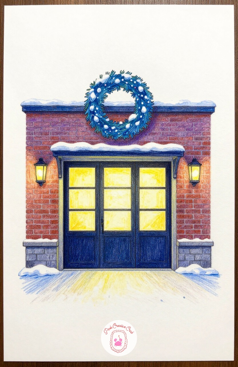 Fire Station With Wreath — A fire station with a big door, a wreath hung above it, and a warm light over the entrance is an easy way to draw a public building