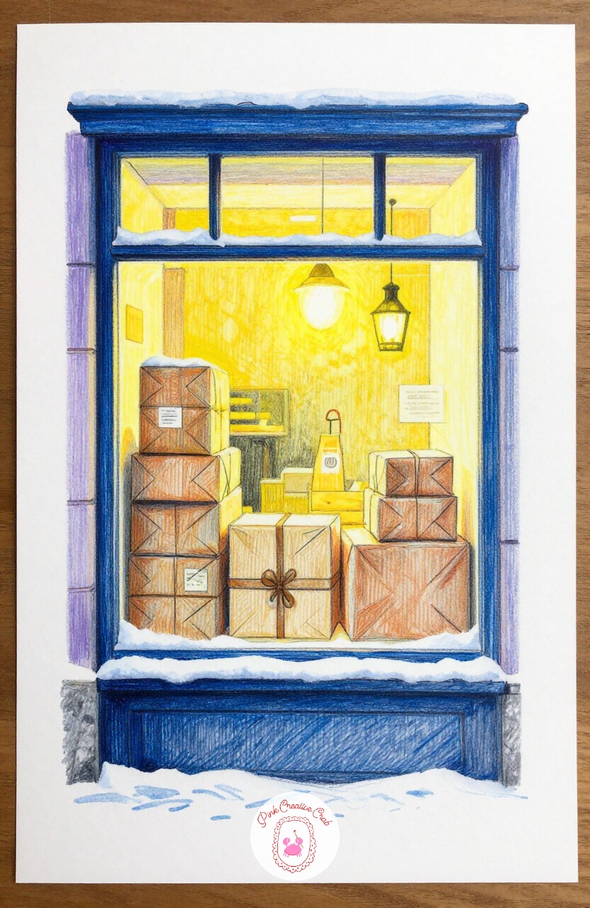 Post Office Window With Parcels — A post office window stacked with wrapped parcels and a hanging light above the counter gives a cozy commercial scene with