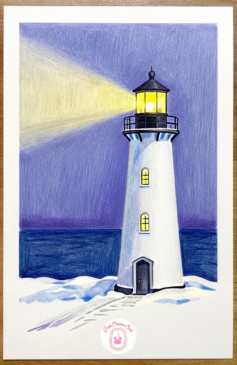 Lighthouse In Snow — A lighthouse with its beam lit against a dark winter sky gives a tall, simple silhouette with one strong warm point. Christmas scene