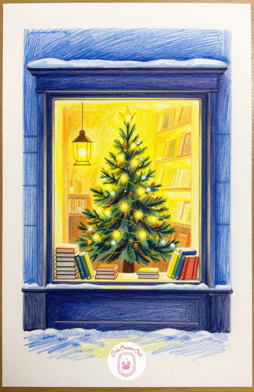Bookshop Window With Lit Tree — A small bookshop window with a decorated tree inside and stacks of books on the sill gives a layered scene with warm light at