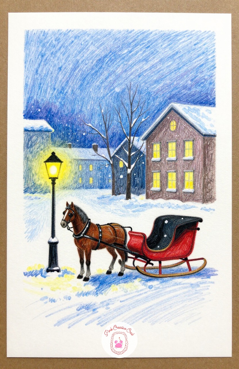 Horse Drawn Sleigh In The Square — A horse-drawn sleigh waiting in a small town square, lit by one nearby lamp, adds a figure and an animal shape without