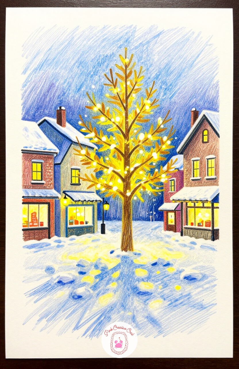 Village Square With Lit Tree — A central square with one large decorated tree and a few shop fronts around it gives a wider scene while still keeping one clear