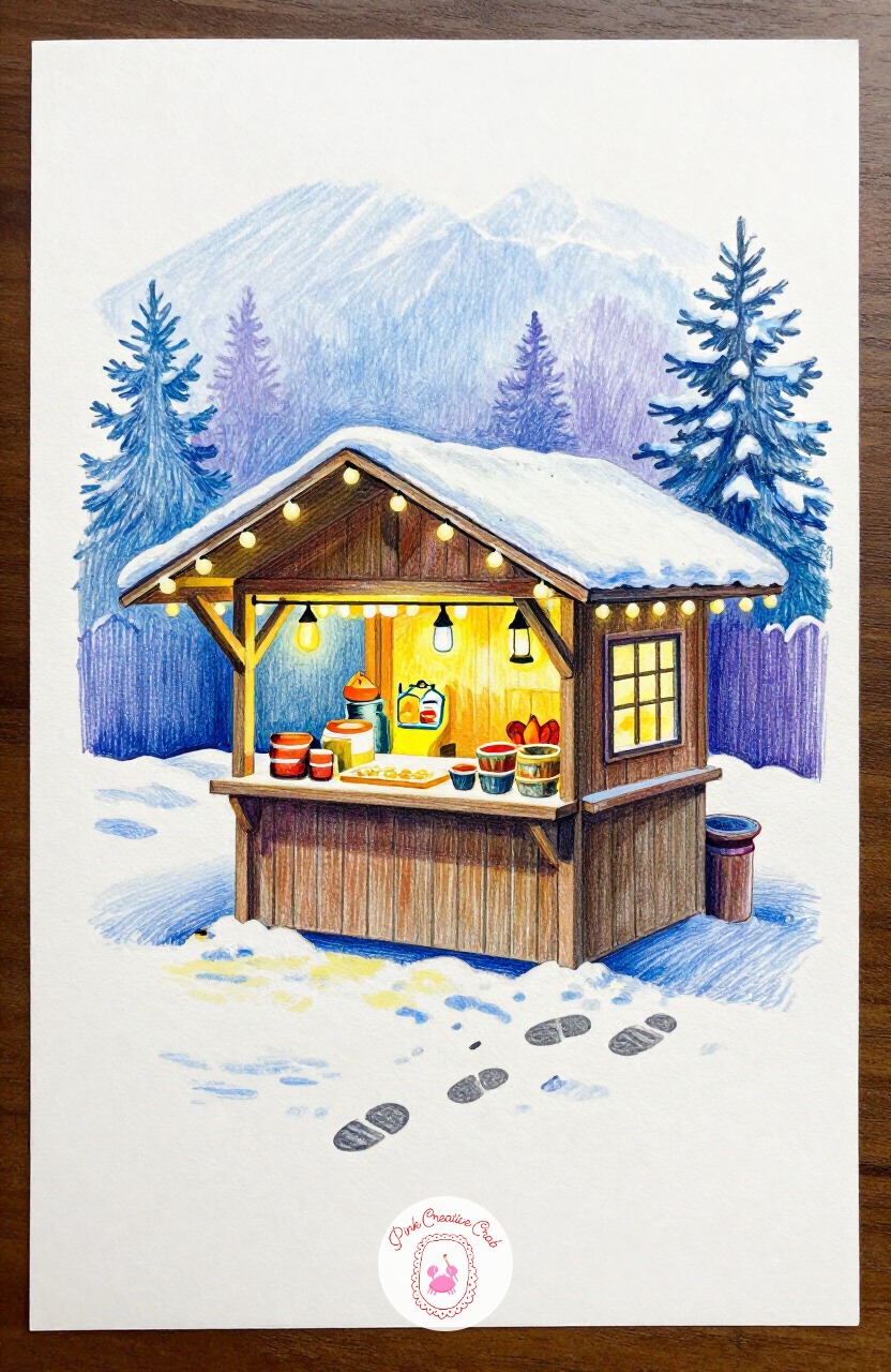 Christmas Market Stall — A small wooden market stall selling ornaments or warm drinks, lit by a string of bulbs along its roofline, gives a scene full of small