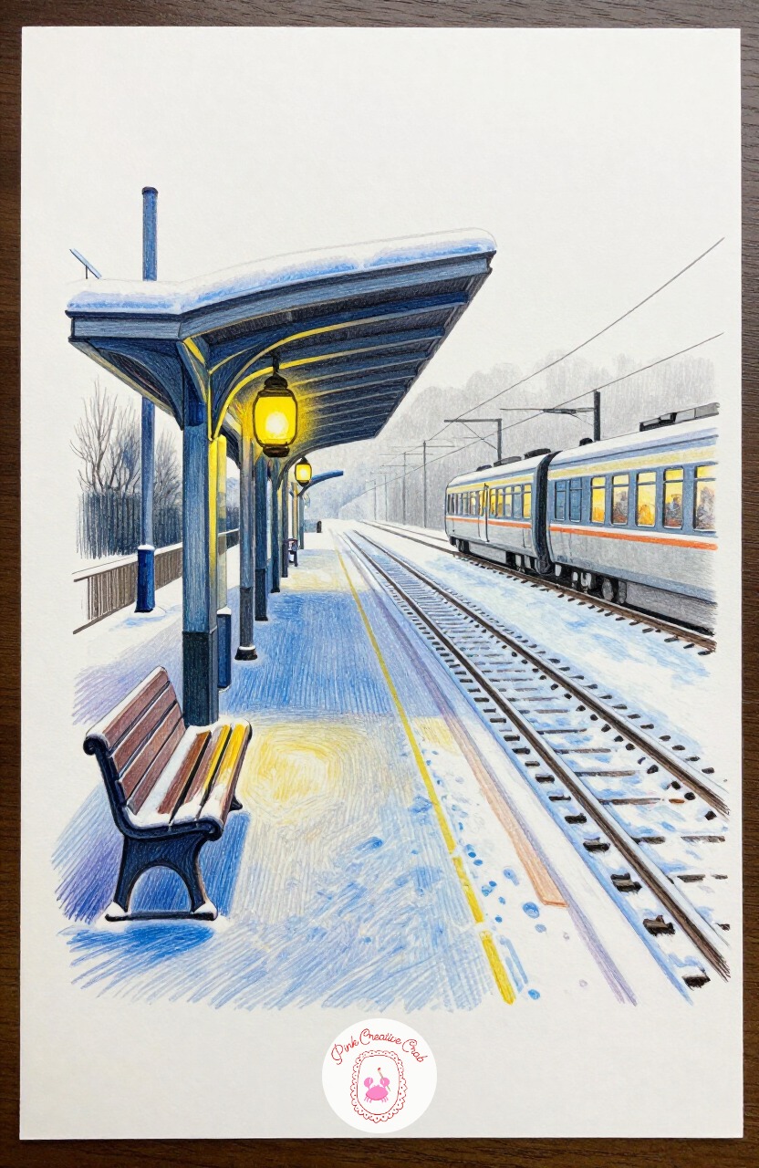 Train Station Platform In Snow — A train platform with a waiting lantern, a bench, and snow collecting along the tracks gives a quiet scene with strong