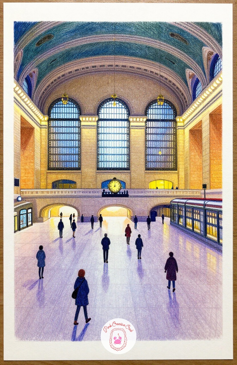 Grand Train Station Hall Interior — A large station hall with tall arched windows, a big clock, and scattered warm lamps is the most involved scene in this