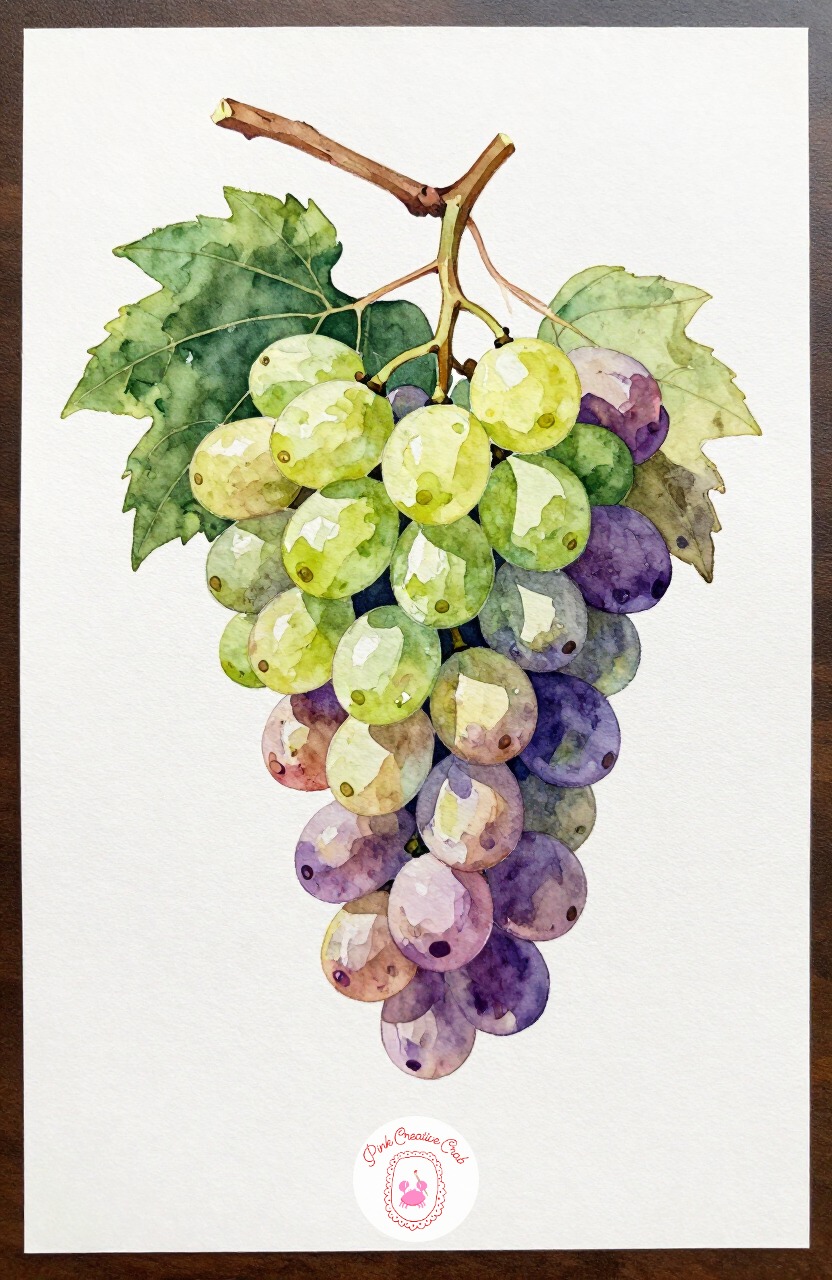 Grapes on the Vine — A small bunch of grapes on the vine is good practice for painting many rounded shapes that still read as one cluster. Watercolor inspo