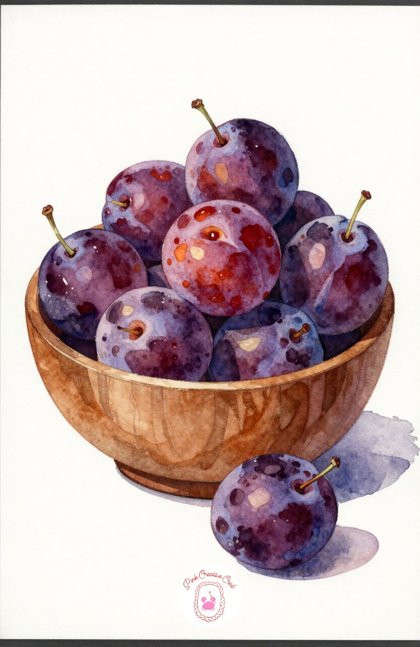 Plums in a Wooden Bowl — Plums add a deep violet to the fruit bowl lineup, and the wooden bowl gives you a warm brown to balance the cool fruit. Watercolor