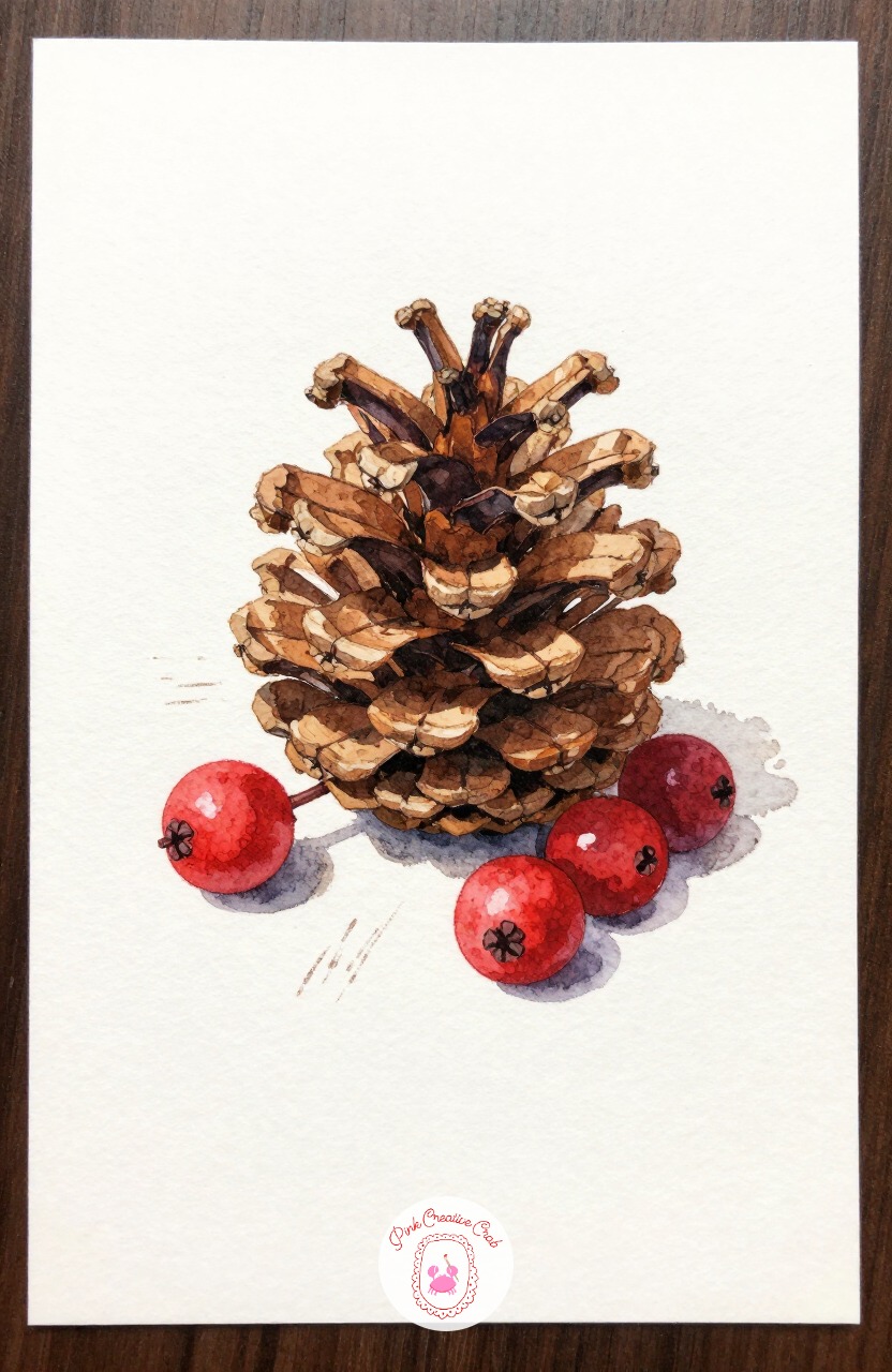 Pine Cone and Berries — A pine cone with a few red berries is a small still life that trains dry-brush texture work alongside soft, round berry shapes.