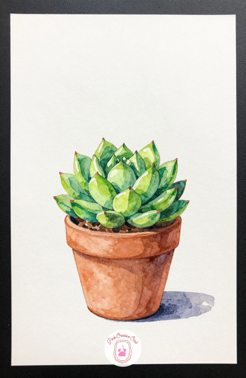 Tiny Succulent in Pot — A small succulent in a terracotta pot is a quiet, structured subject, good for practicing layered green shapes in one sitting.
