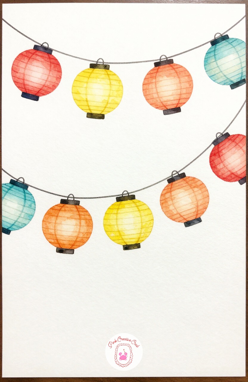 Paper Lantern String — A string of paper lanterns is a cheerful subject built from simple round shapes repeated in different bright colors. Watercolor inspo