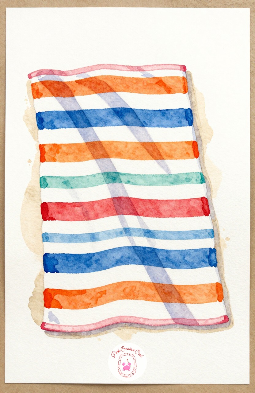Striped Beach Towel — A folded striped beach towel is mostly straight lines and flat color, a relaxing break from rounded fruit shapes. Watercolor inspo