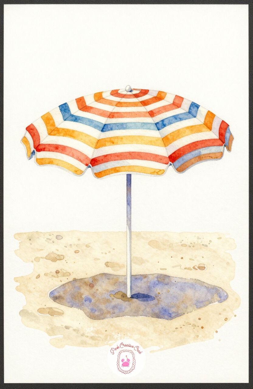 Striped Beach Umbrella — A striped beach umbrella planted in the sand is bold and graphic, built from one triangle shape and repeating color bands. Watercolor