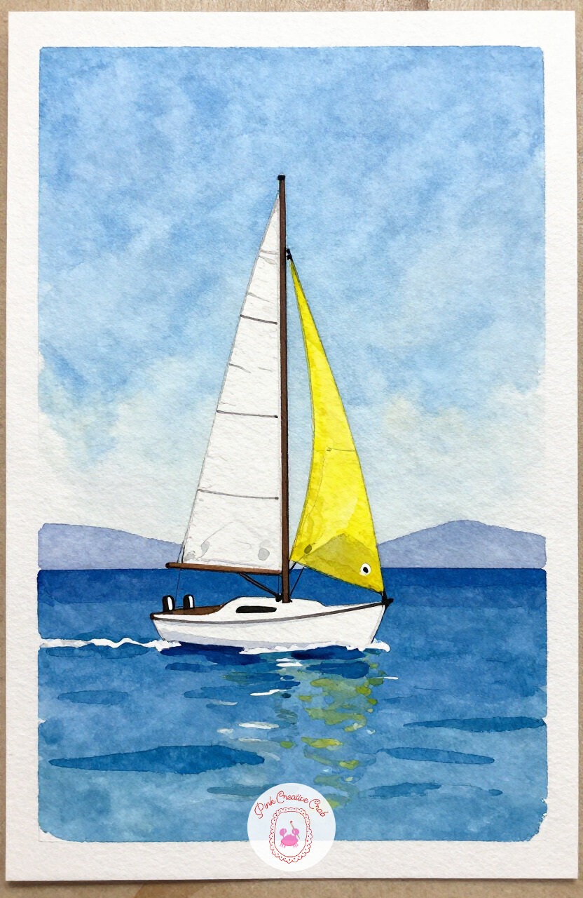 Single Sailboat — A single sailboat on open water is a simple silhouette against a wash sky, good practice for controlling a wet-into-wet background.