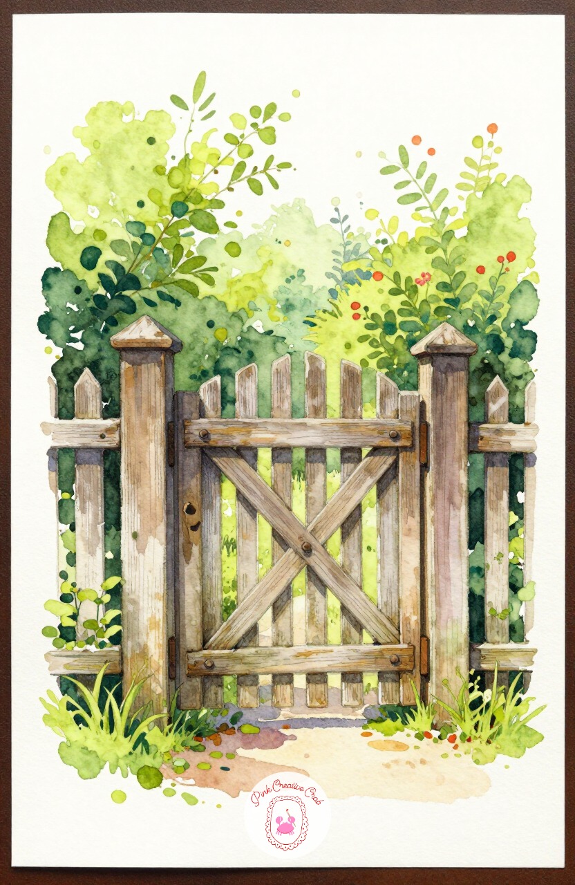 Old Garden Gate — An old wooden garden gate, half open, gives you straight lines and a glimpse of greenery beyond, a good next step toward full scenes.