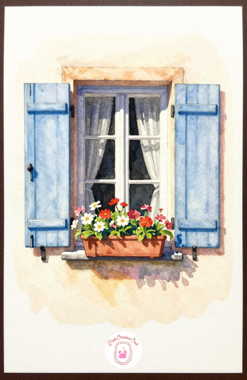 Cottage Window with Shutters — A cottage window with open shutters and a flower box underneath is a compact architectural subject full of color contrast.