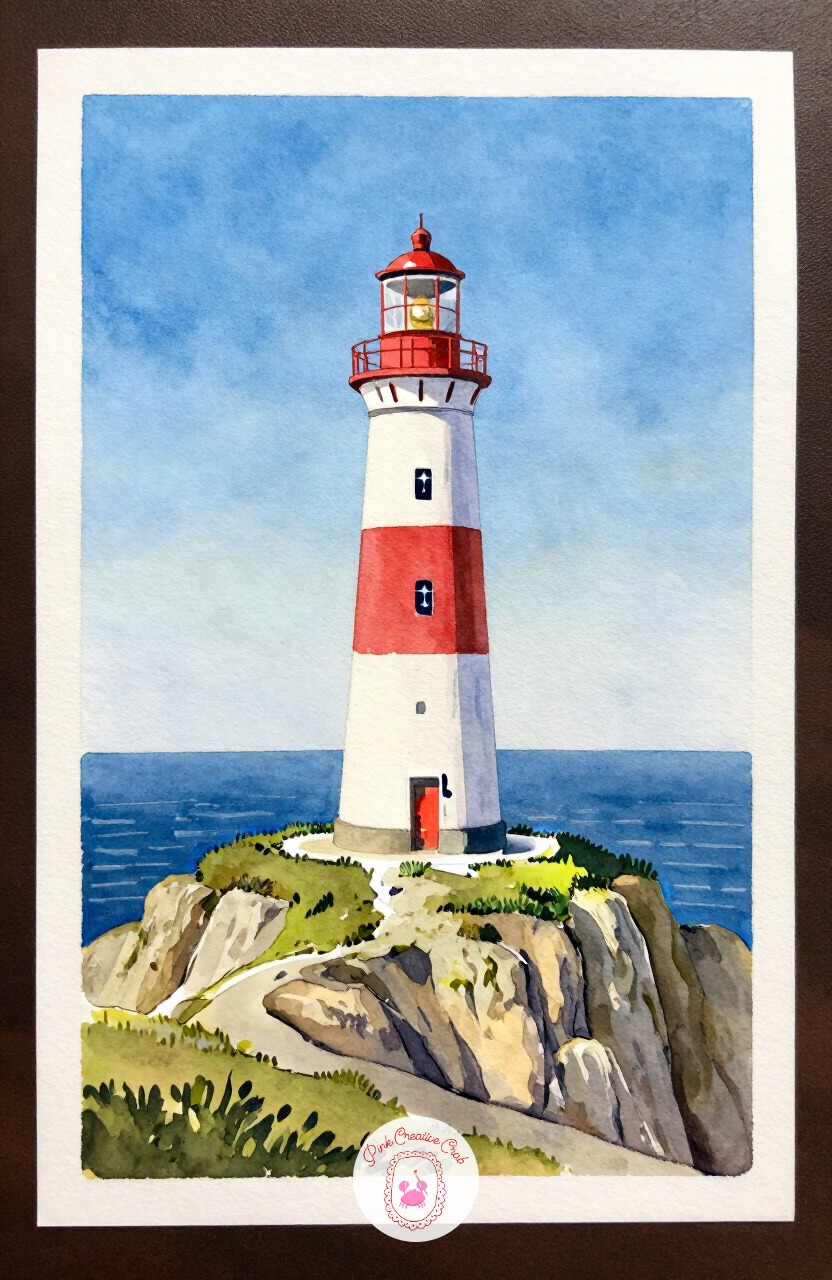 Lighthouse on a Cliff — A lighthouse on a cliff edge is a strong, simple silhouette against sky and sea, a satisfying single landmark to finish in one sitting.