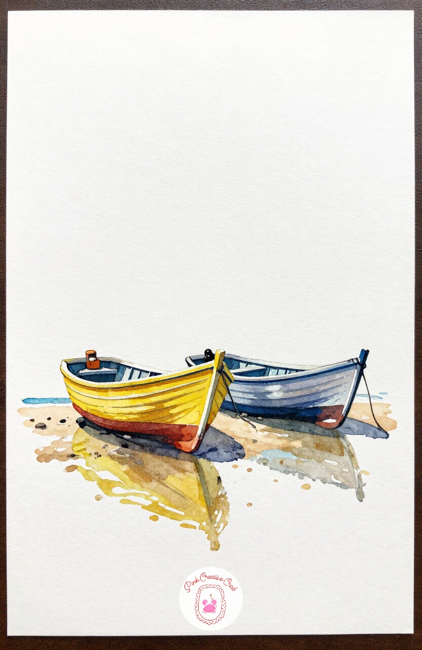 Coastal Fishing Boats — A pair of small fishing boats pulled up on the shore is a good subject for practicing overlapping shapes and reflected color in wet