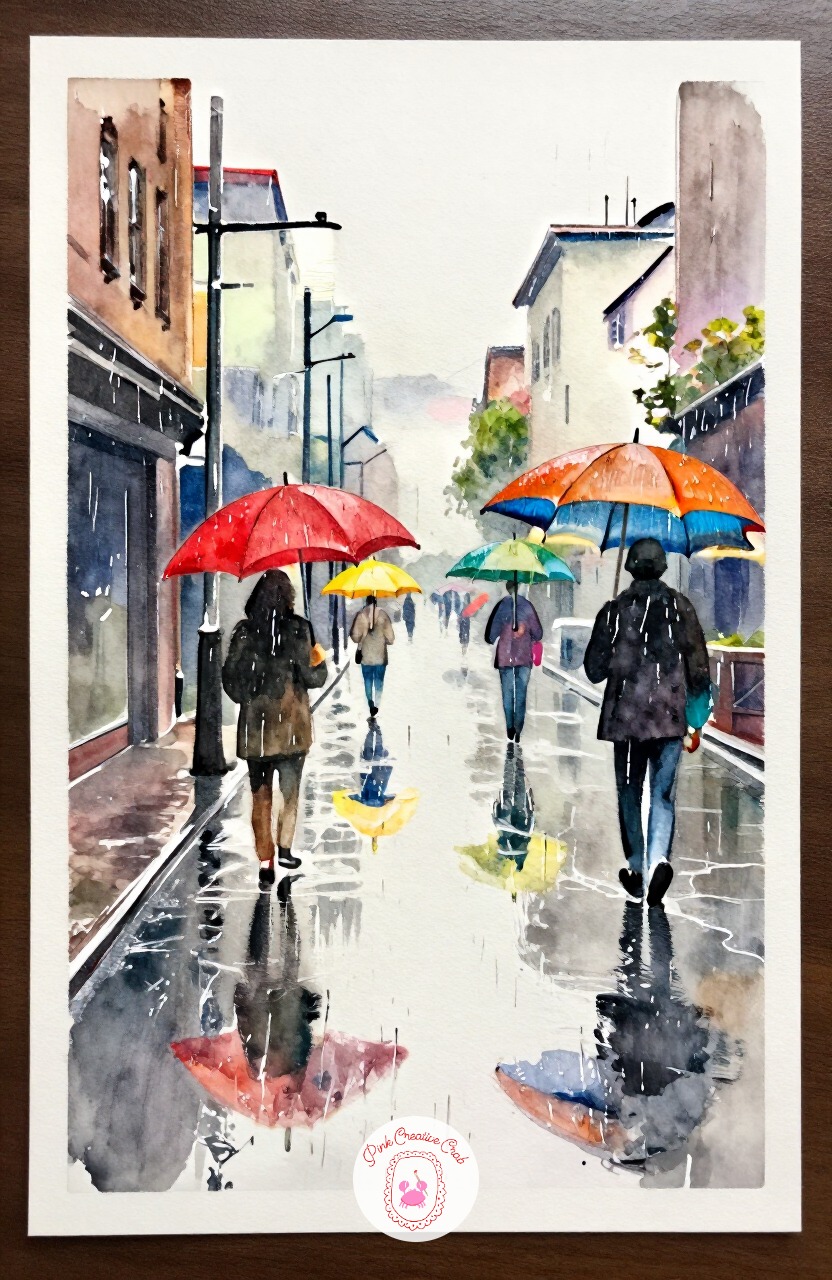 Rainy City Street with Umbrellas — A rainy street with a few open umbrellas is a livelier scene, built mostly from vertical reflections and simple dome shapes.