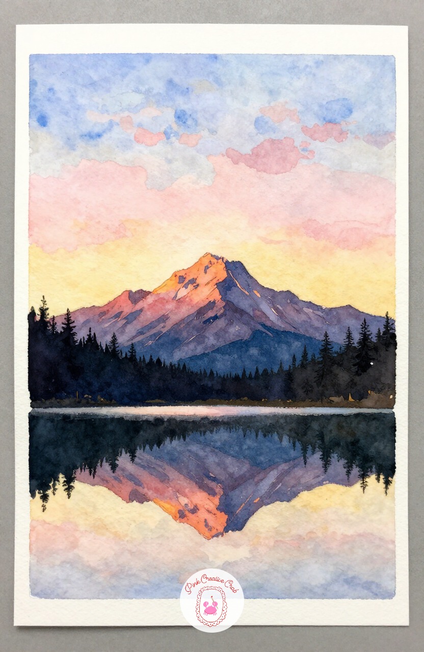 Mountain Lake at Dawn — A still mountain lake at dawn is mostly about color in the sky and its mirror in the water, good practice for symmetry and soft